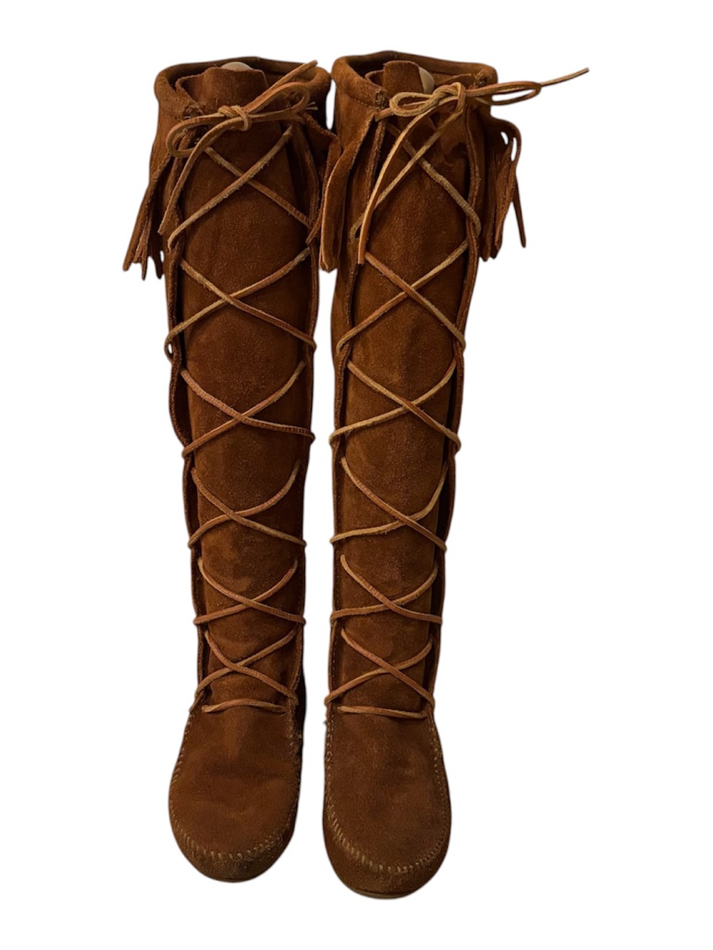 Minnetonka Leather Moccasins Tall Fringe Suede Boho Lace Up Boots Size 5